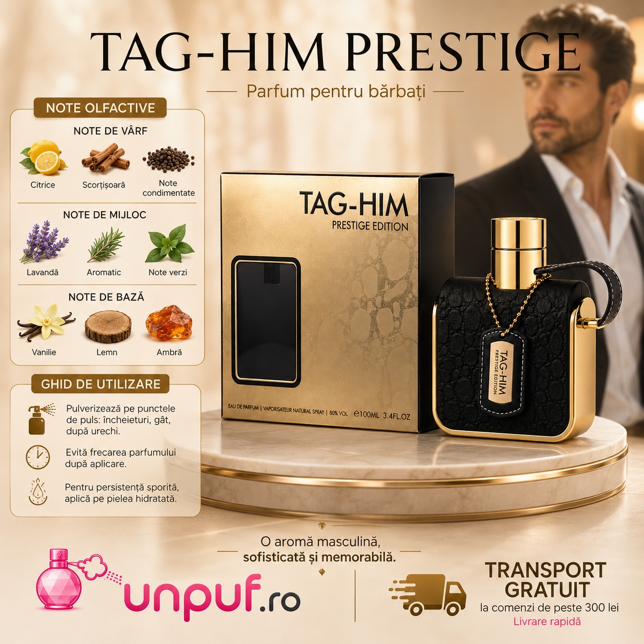 Tag Him Prestige parfum pentru bărbați cu citrice, scorțișoară, lavandă, note aromatice, note verzi, vanilie, lemn și ambră