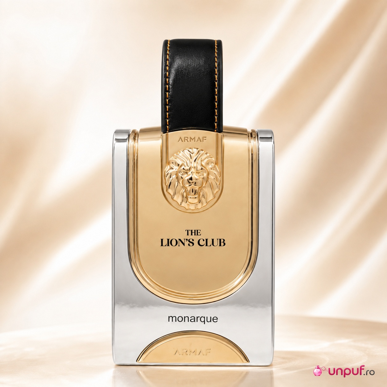 Flacon Armaf The Lion's Club Monarque 100 ml argintiu auriu cu emblemă de leu și detaliu negru