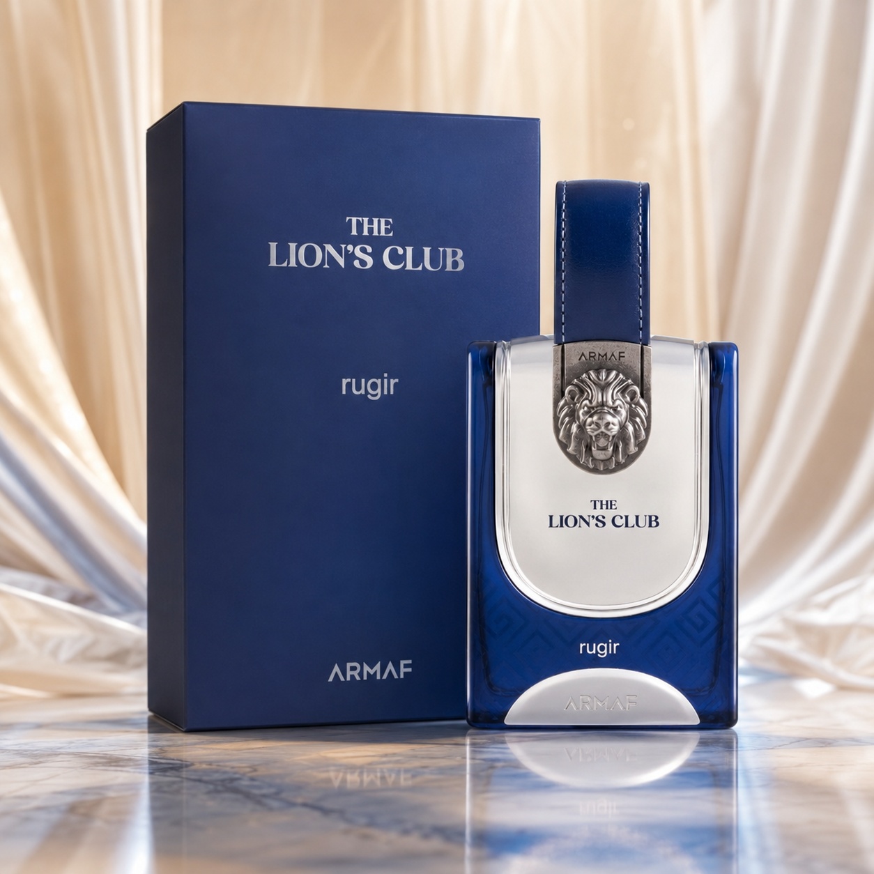 Parfum Arăbesc Armaf The Lion's Club Rugir 100 ml cu flacon albastru, emblemă de leu și cutie bleumarin premium