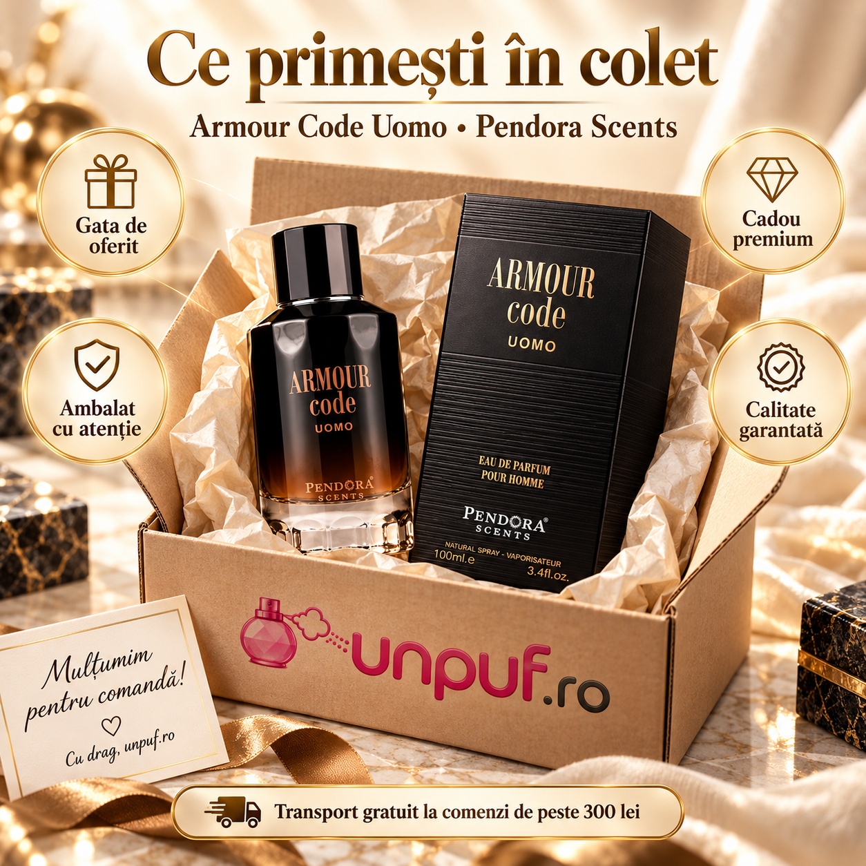 Ce primești în colet Armour Code Uomo Pendora Scents Eau de Parfum 100 ml ambalat premium pentru cadou