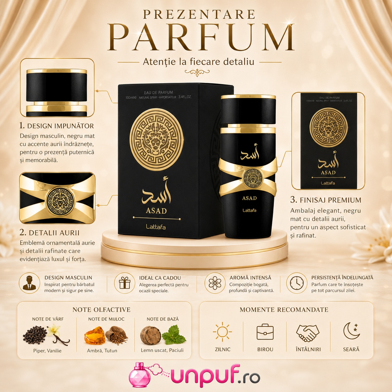 Prezentare parfum Asad Lattafa cu note olfactive piper, vanilie, ambră, tutun, lemn uscat și paciuli