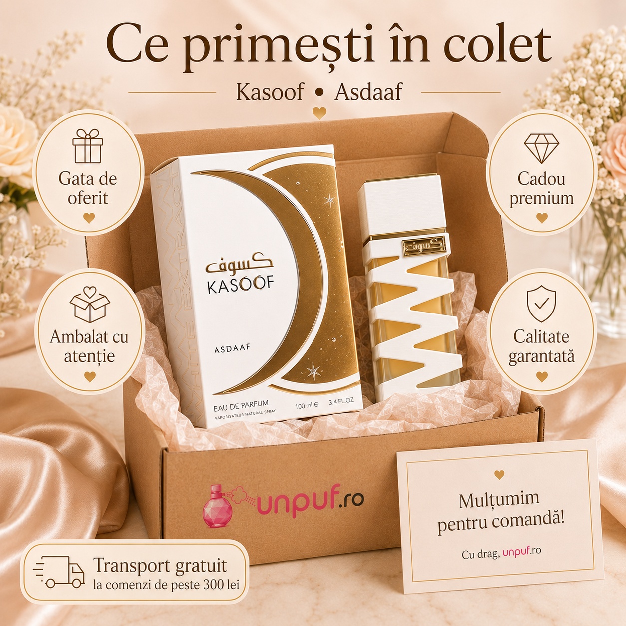 Ce primești în colet la parfumul Asdaaf Kasoof White Extract, ambalaj premium UnPuf.ro