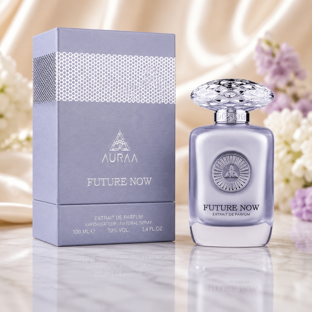 Parfum Auraa Desire Future Now 100ml, sticlă lavandă-gri și cutie premium
