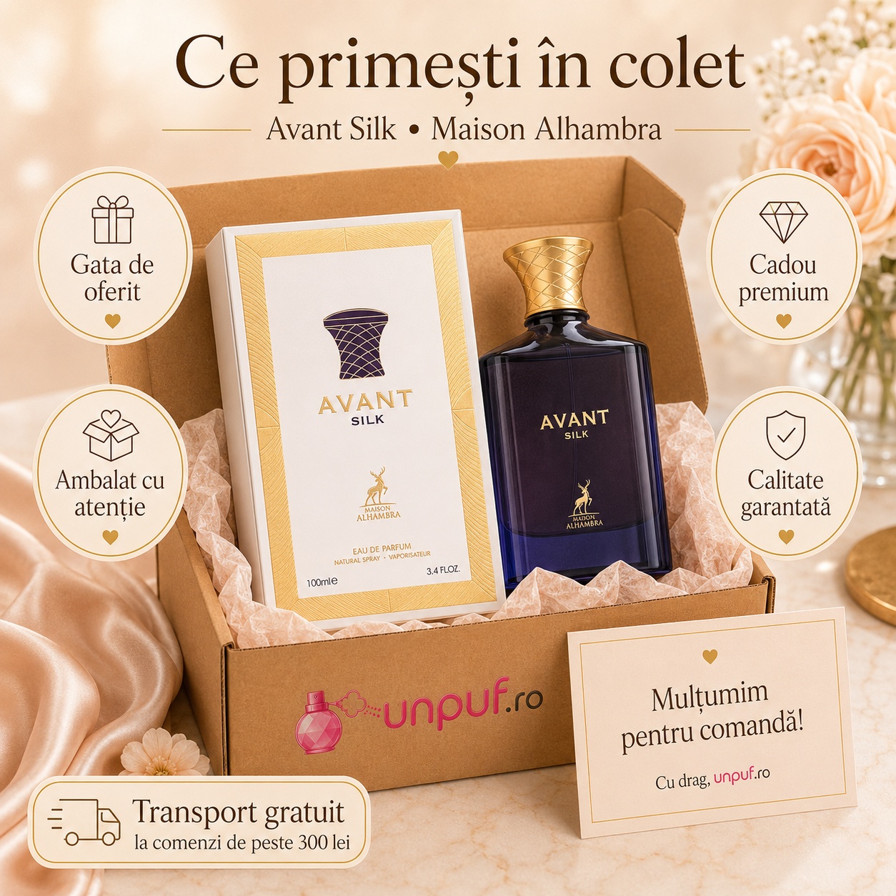 Colet parfum Avant Silk Maison Alhambra ambalat cu atenție, cadou premium, transport gratuit și card de mulțumire unpuf.ro
