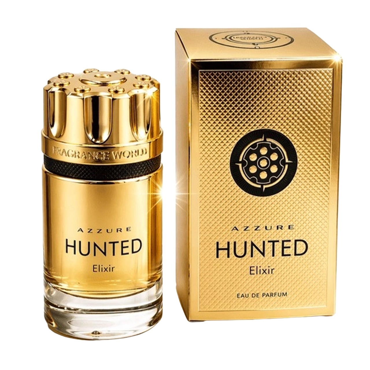 Cutie originală Azzure Hunted Elixir 100 ml și flacon auriu parfum pentru bărbat
