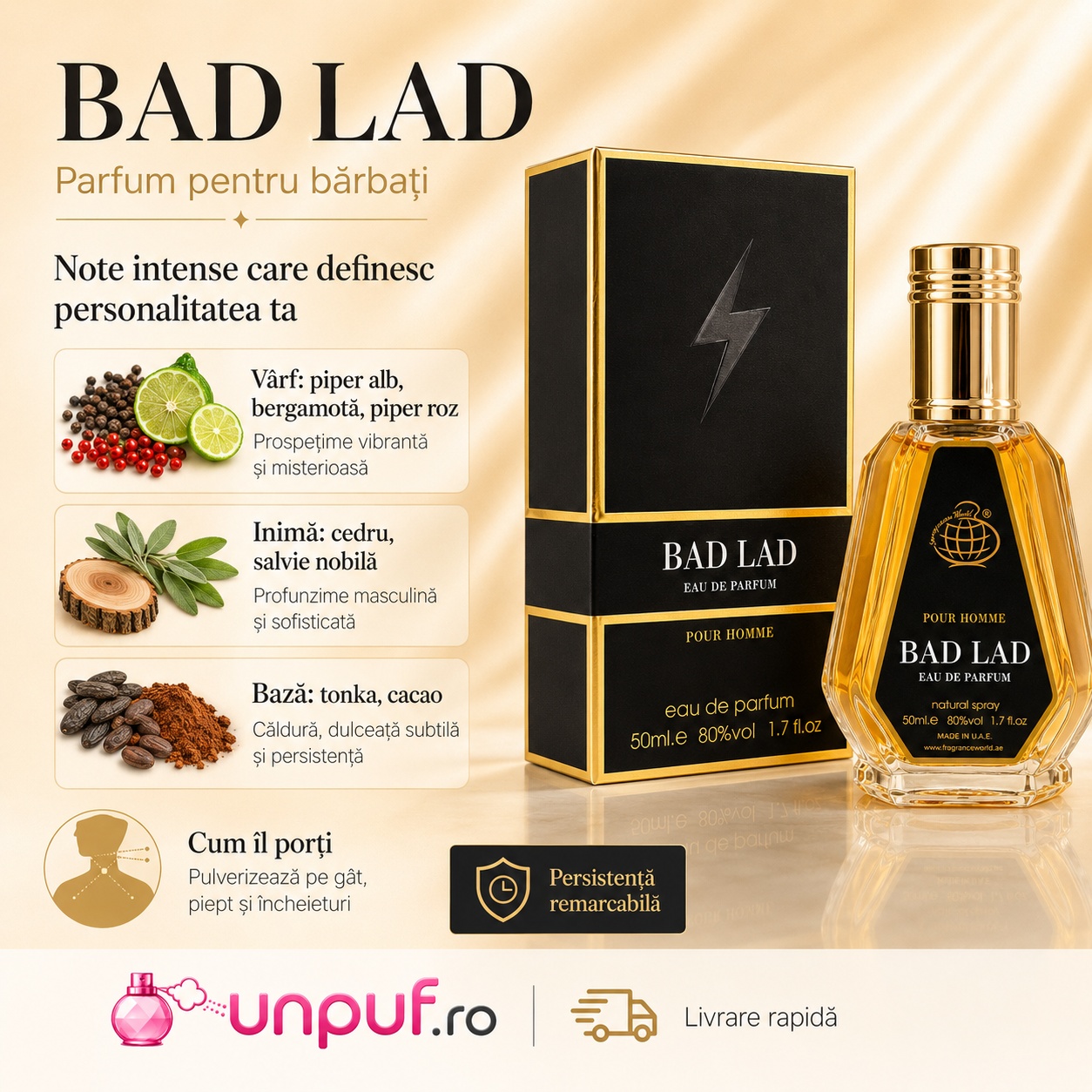Bad Lad parfum pentru bărbați cu piper alb, bergamotă, piper roz, cedru, salvie nobilă, tonka și cacao