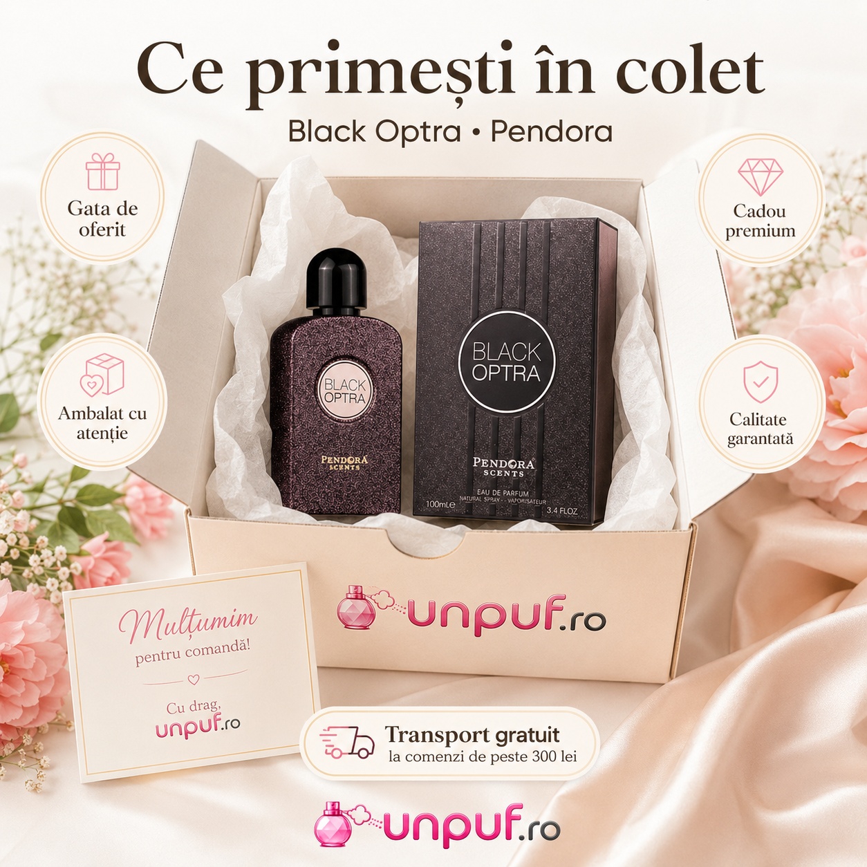 Ce primești în colet la parfumul Black Optra Pendora Scents, ambalaj premium UnPuf.ro