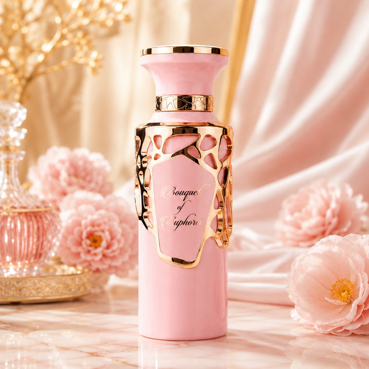 Flacon Bouquet of Euphoria Fragrance World 100 ml Apă de Parfum pentru damă cu design roz și detalii rose gold