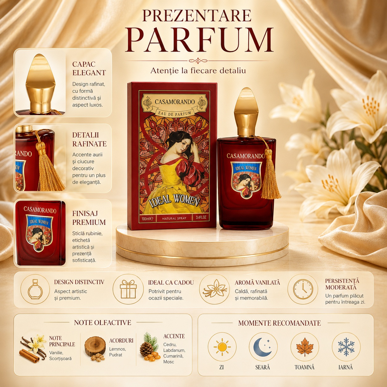 Prezentare parfum Casamorando Ideal Women cu detalii despre capac, flacon, finisaj premium, note olfactive și momente recomandate