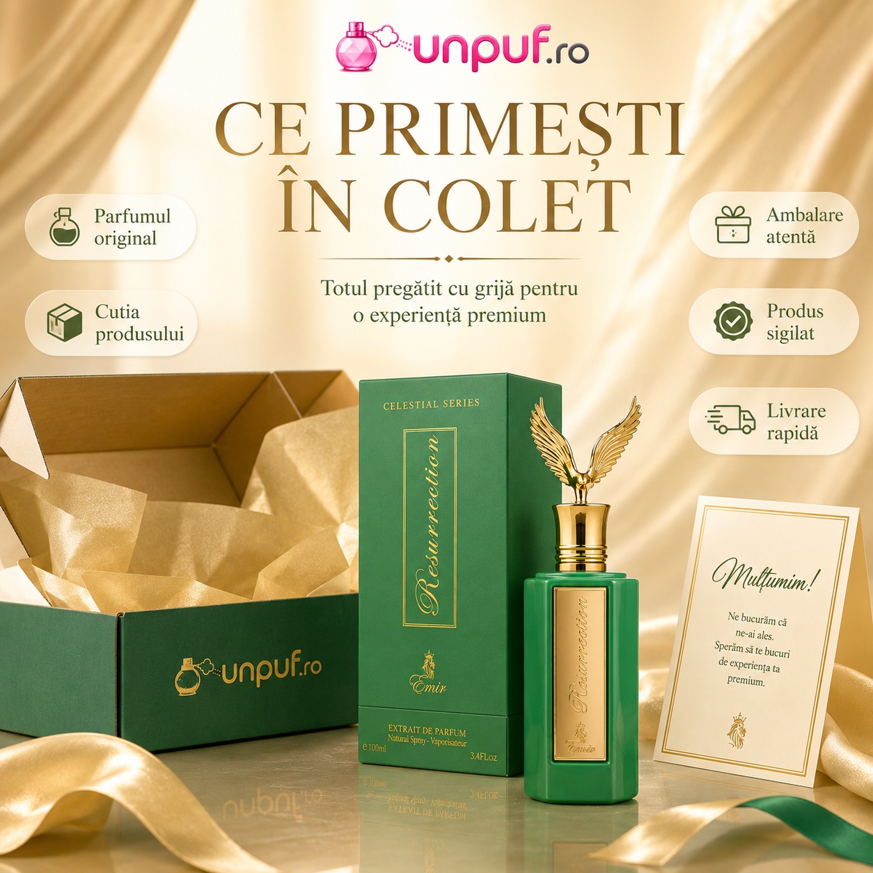 Ce primești &icirc;n colet Celestial Resurrection Emir 100 ml parfum original, cutia produsului, ambalare atentă, produs sigilat și livrare rapidă