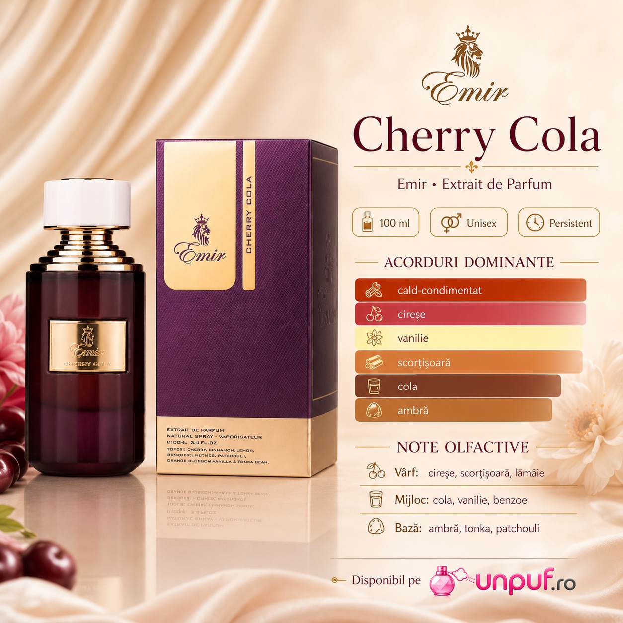 Cherry Cola Emir acorduri dominante cald condimentat, cireșe, vanilie, scorțișoară, cola și ambră