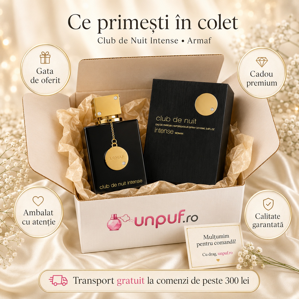 Ce primești &icirc;n colet Armaf Club De Nuit Intense Woman 105 ml parfum original cutie premium și ambalare atentă