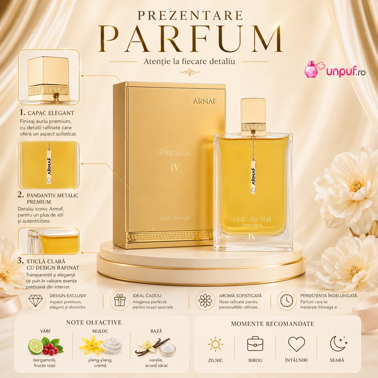 Prezentare Armaf Club De Nuit Precieux IV cu capac elegant, pandantiv metalic premium, sticlă clară, aromă sofisticată și persistență &icirc;ndelungată
