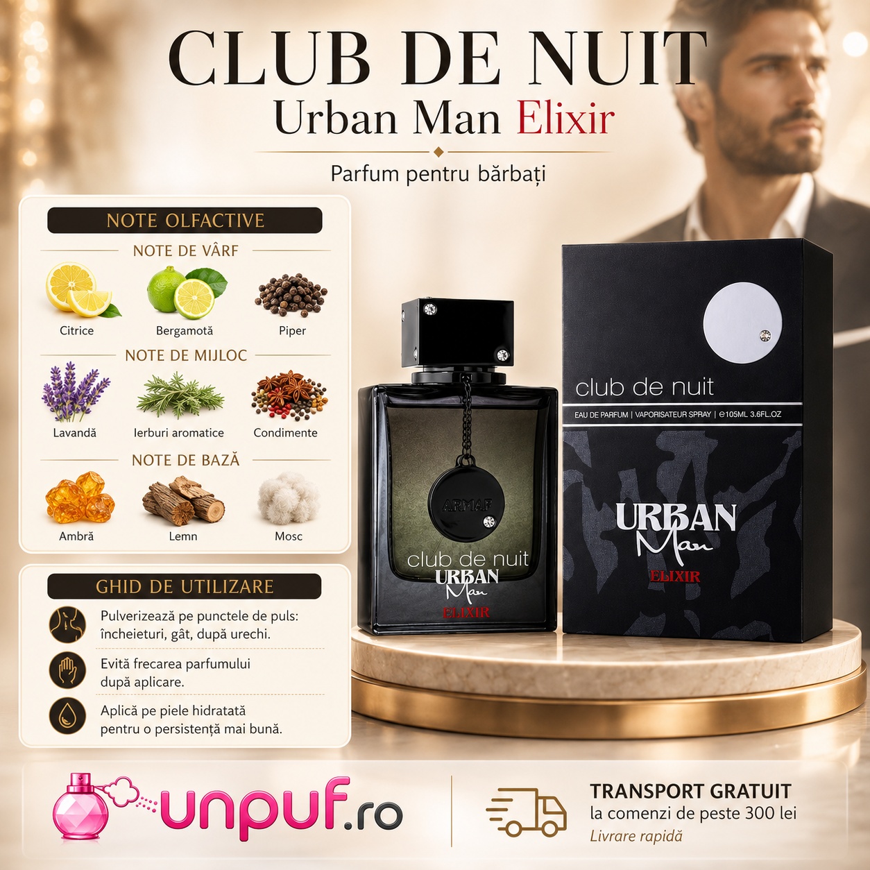 Club De Nuit Urban Man Elixir parfum pentru bărbați cu bergamotă, piper roz, iasomie, lavandă, geranium, vetiver, șofran, ambră, ambroxan, cedru și paciuli