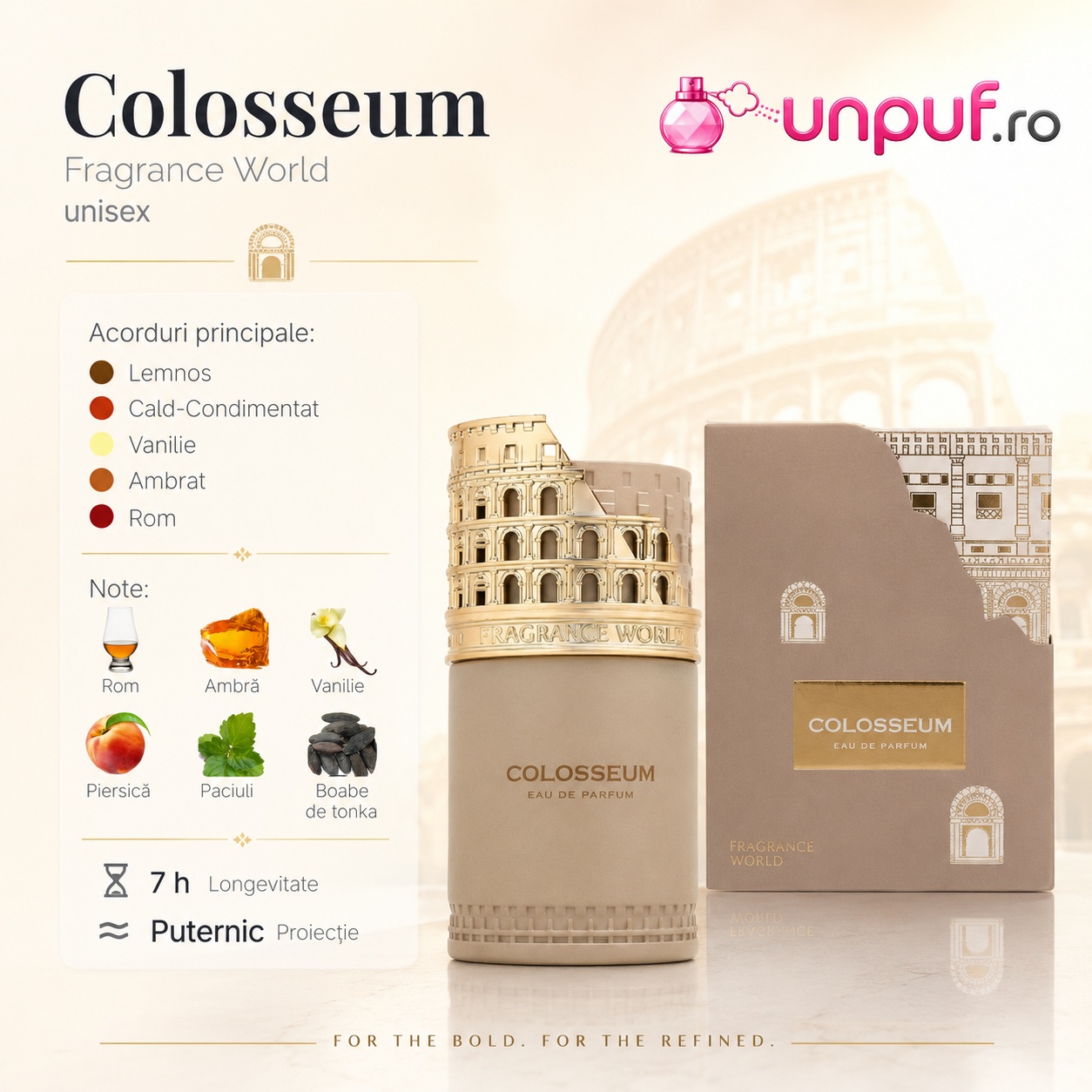Colosseum Fragrance World parfum unisex cu acorduri principale lemnos, cald condimentat, vanilie, ambrat și rom, for the bold for the refined