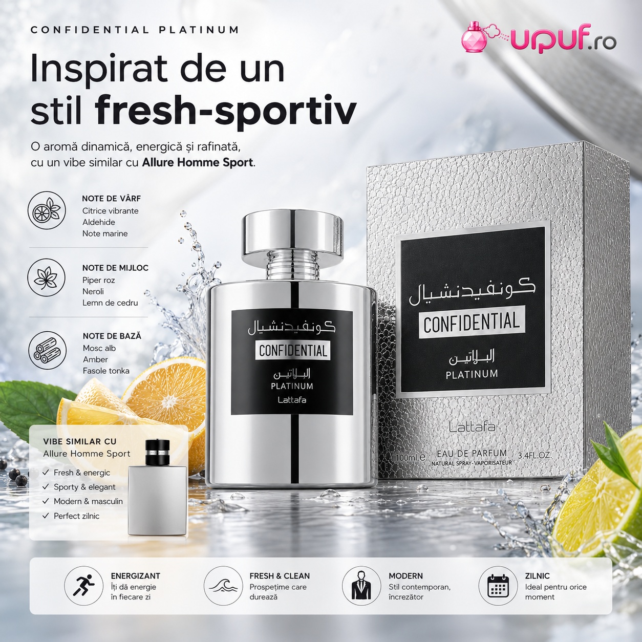 Confidential Platinum Lattafa parfum cu stil fresh sportiv, citrice, note marine și eleganță masculină