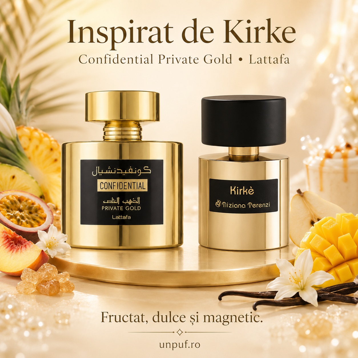Parfum Confidential Private Gold Lattafa inspirat de Kirke Tiziana Terenzi, fructat, dulce și magnetic