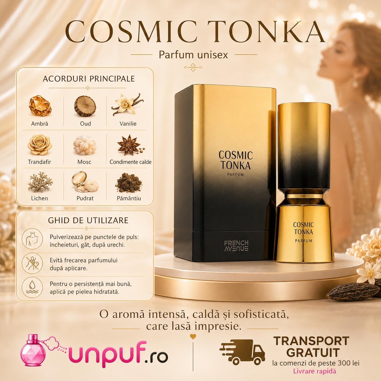 Note olfactive și ghid de utilizare Cosmic Tonka French Avenue cu ambră, oud, vanilie, trandafir, mosc, condimente calde, lichen și note păm&acirc;ntii