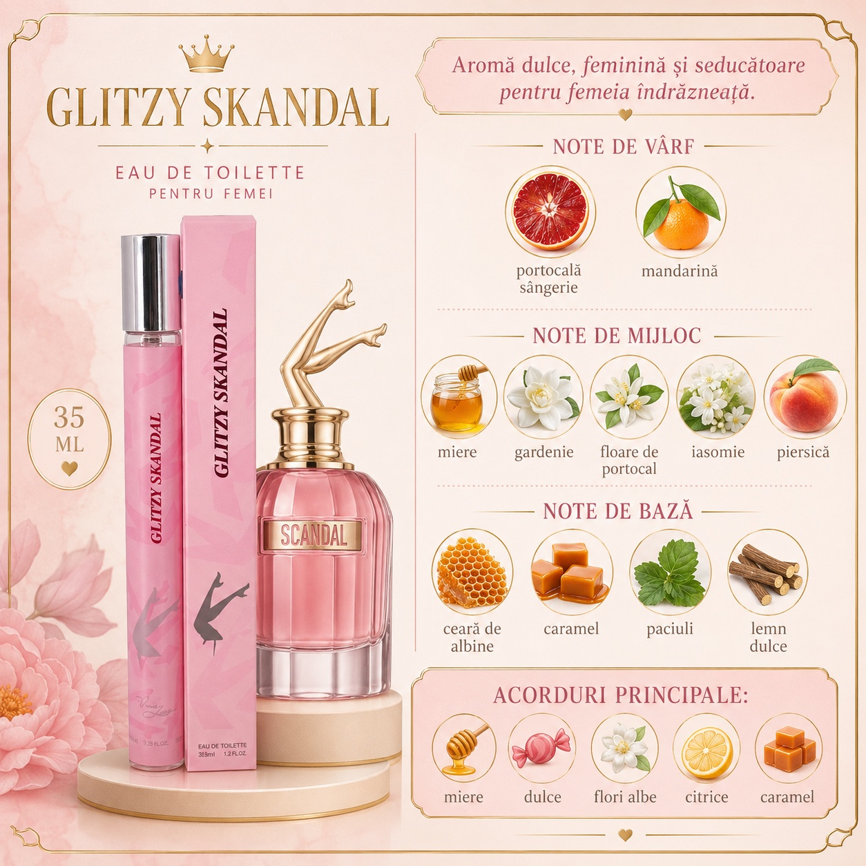 Note olfactive parfum Glitzy Skandal portocală s&acirc;ngerie mandarină miere gardenie floare de portocal iasomie piersică caramel paciuli lemn dulce