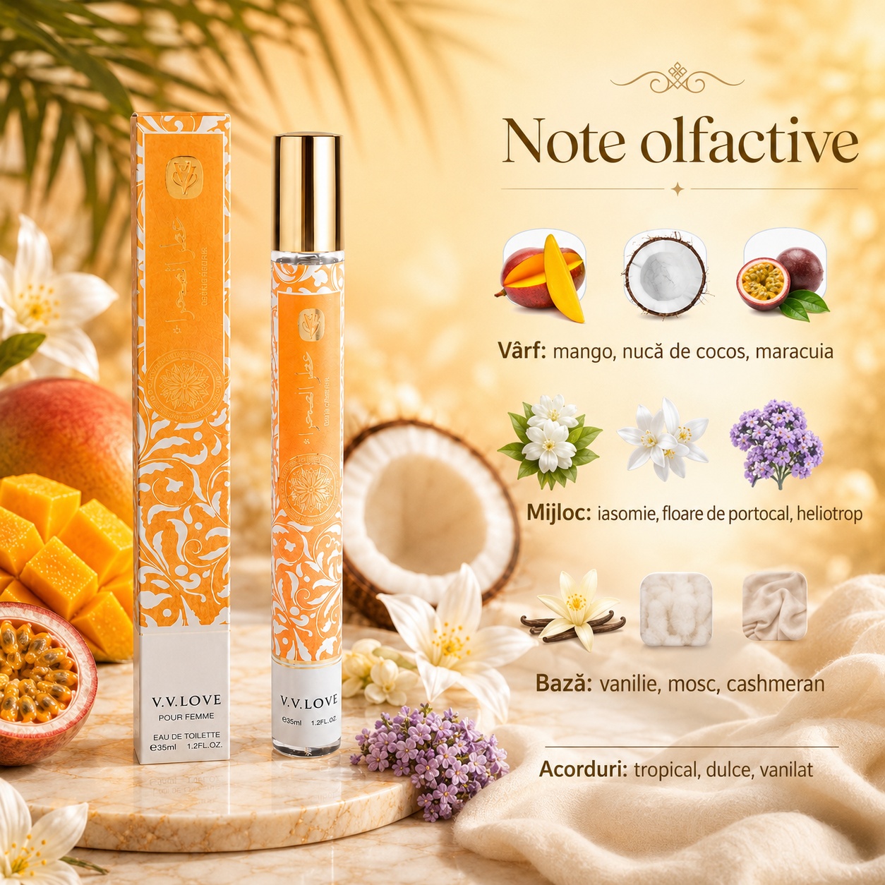 Note olfactive parfum Golden Horizon mango nucă de cocos maracuia iasomie floare de portocal heliotrop vanilie mosc cashmeran