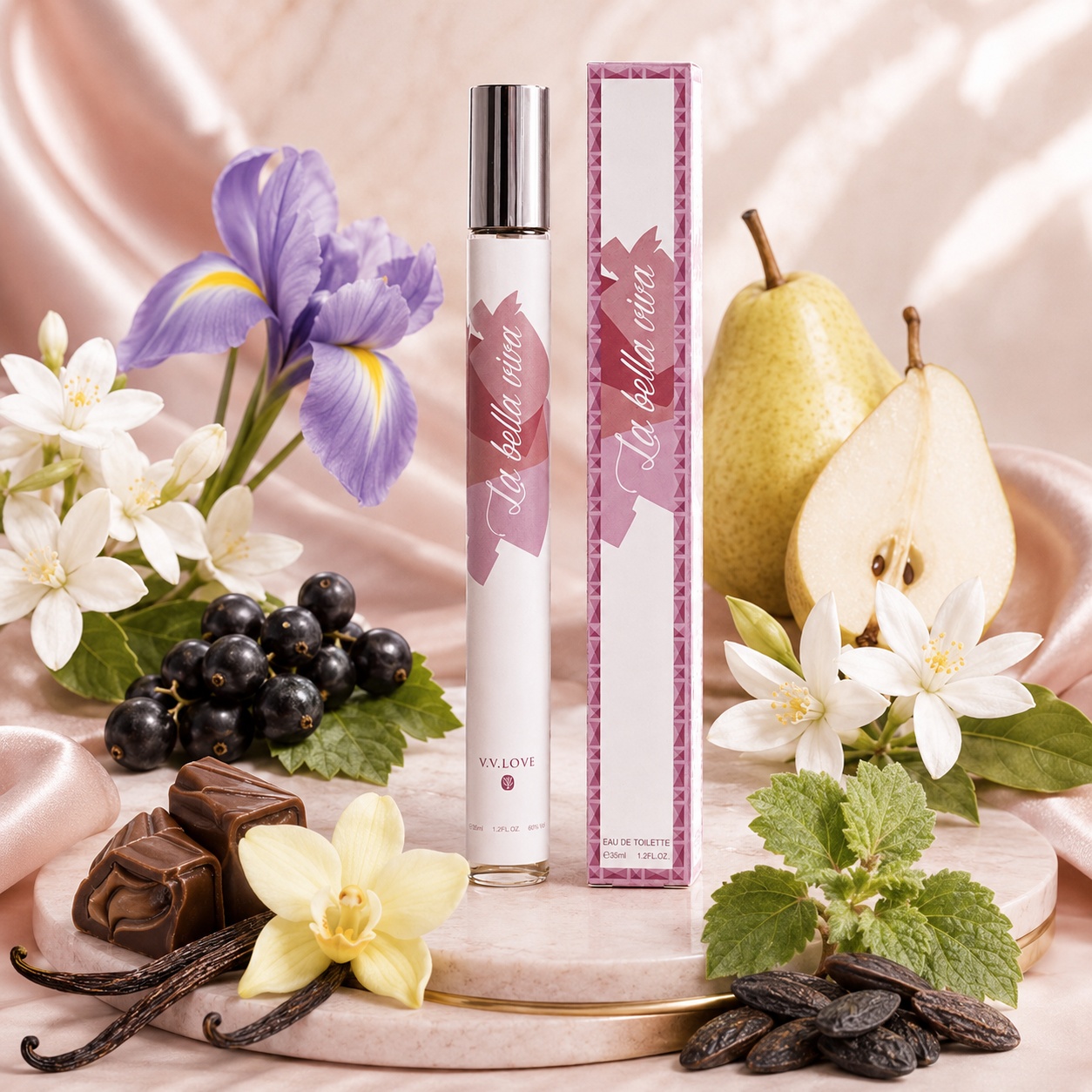La Bella Viva V.V. Love parfum damă cu ingrediente coacăze negre pară flori albe vanilie pralină paciuli și tonka