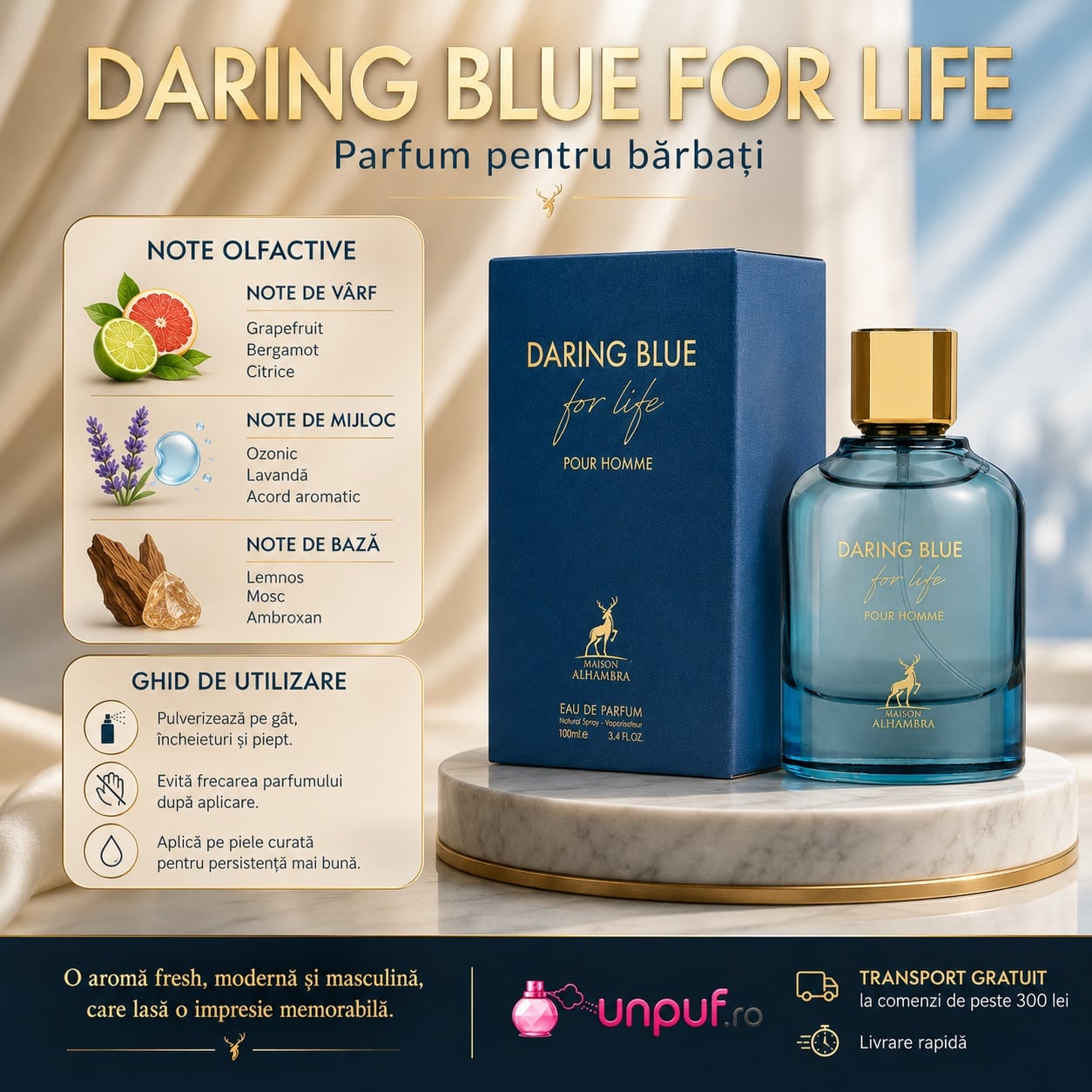 Note olfactive și ghid de utilizare Daring Blue For Life Maison Alhambra cu citrice, note ozonice, aromatice și lemnoase
