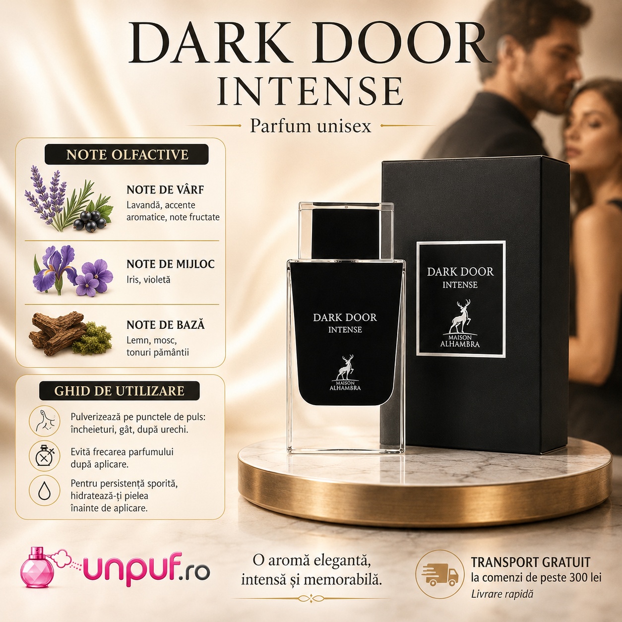 Note olfactive și ghid de utilizare Dark Door Intense Maison Alhambra cu lavandă, iris, violetă, lemn, mosc și tonuri pământii