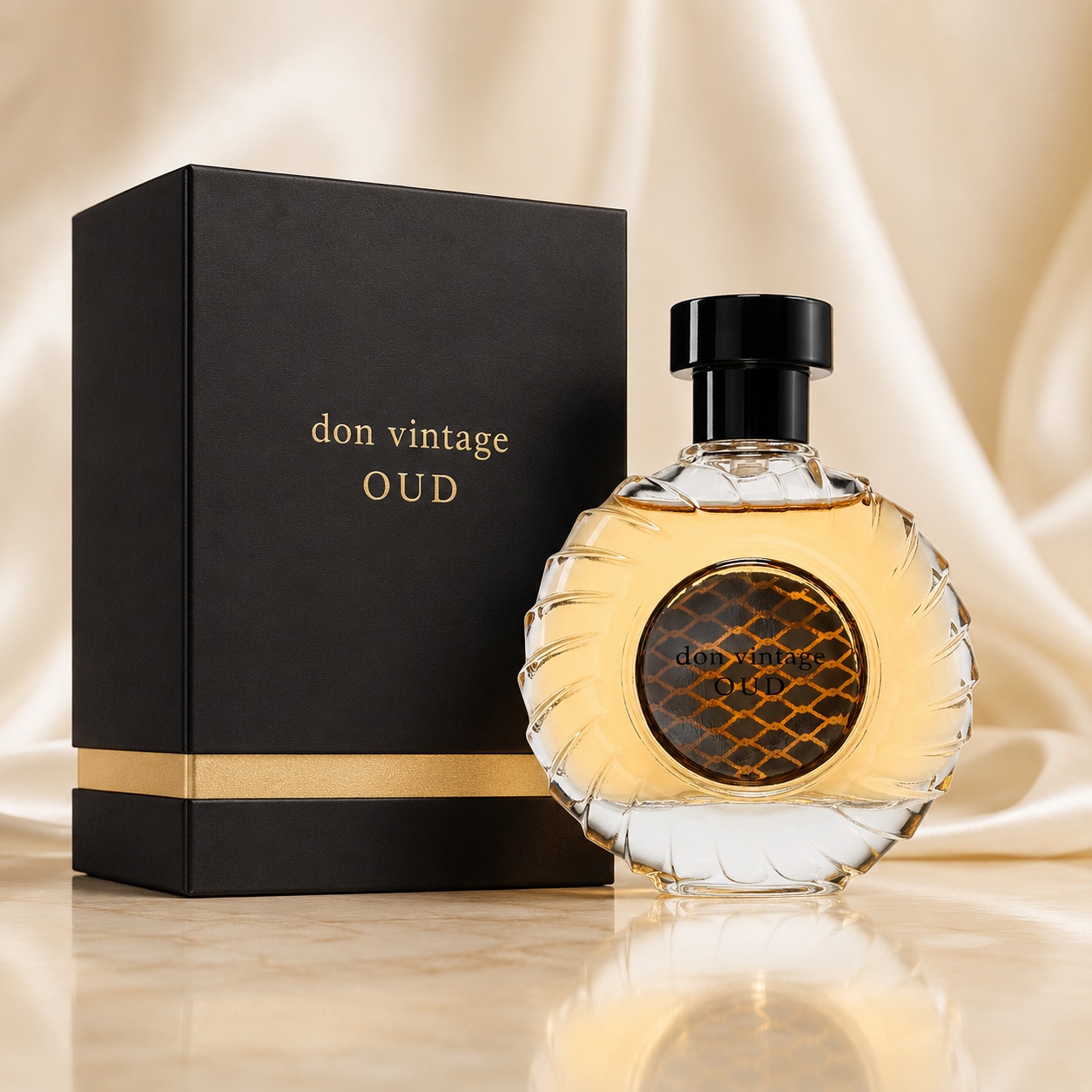 Parfum Arăbesc Don Vintage Oud Eau de Parfum 100 ml cu sticlă elegantă, lichid auriu și cutie neagră premium