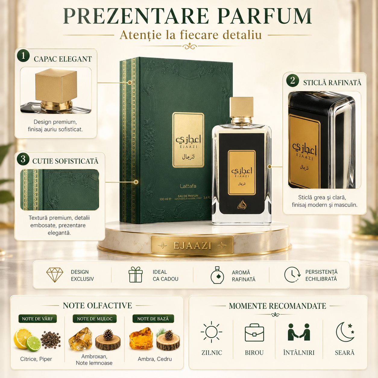 Prezentare parfum Ejaazi Lattafa cu detalii flacon, cutie premium, note olfactive citrice, piper, ambroxan, ambră și cedru