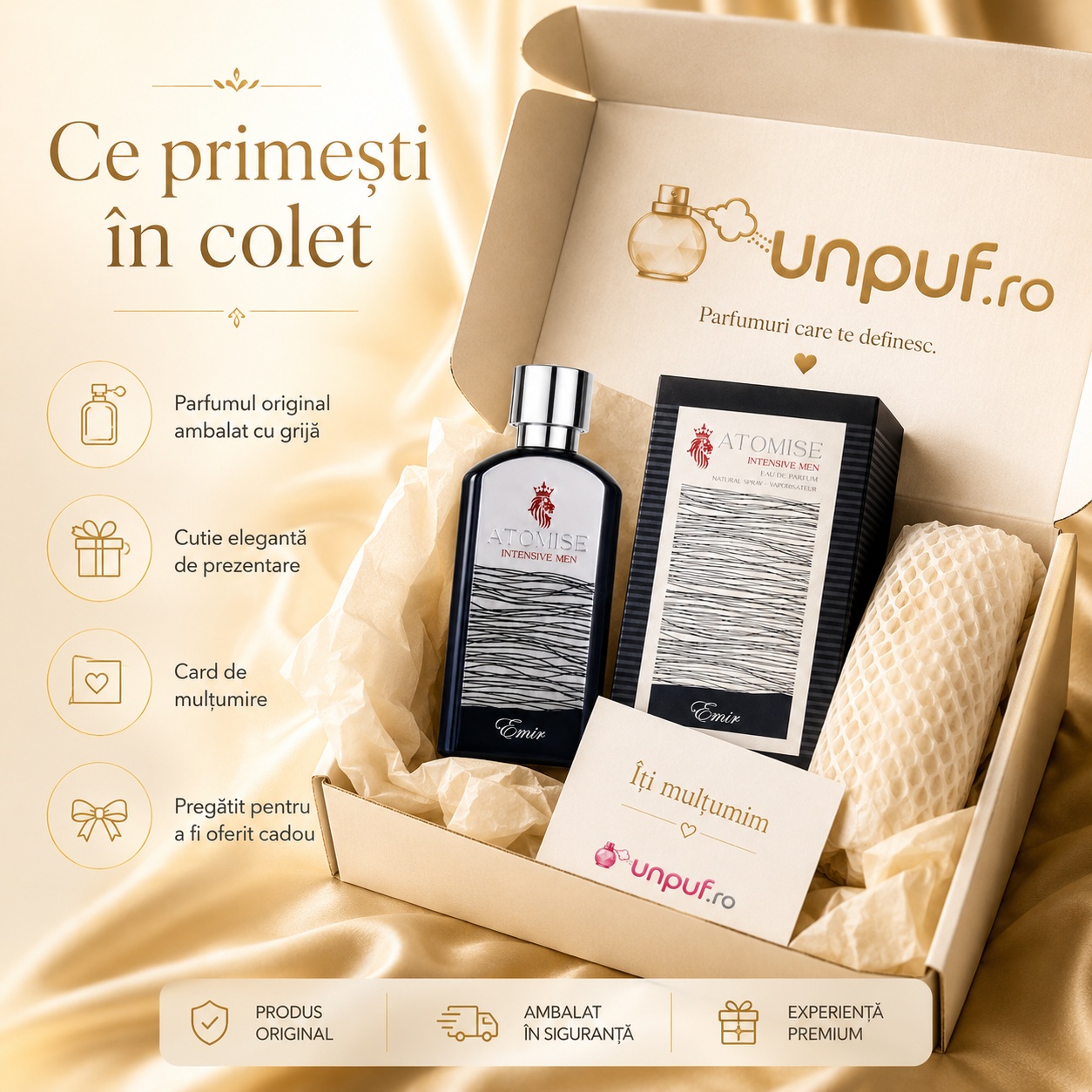 Ce primești în colet Emir Atomise Intensive 100 ml, parfum original, ambalare premium și transport gratuit peste 300 lei