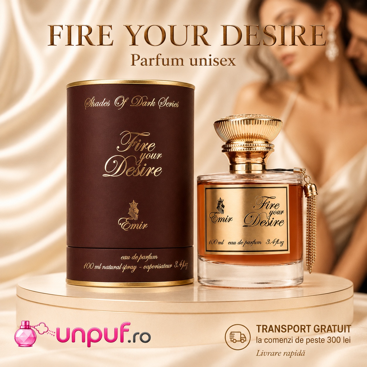 Emir Fire Your Desire parfum unisex cu flacon ambrat, cutie brună și transport gratuit la comenzi de peste 300 lei