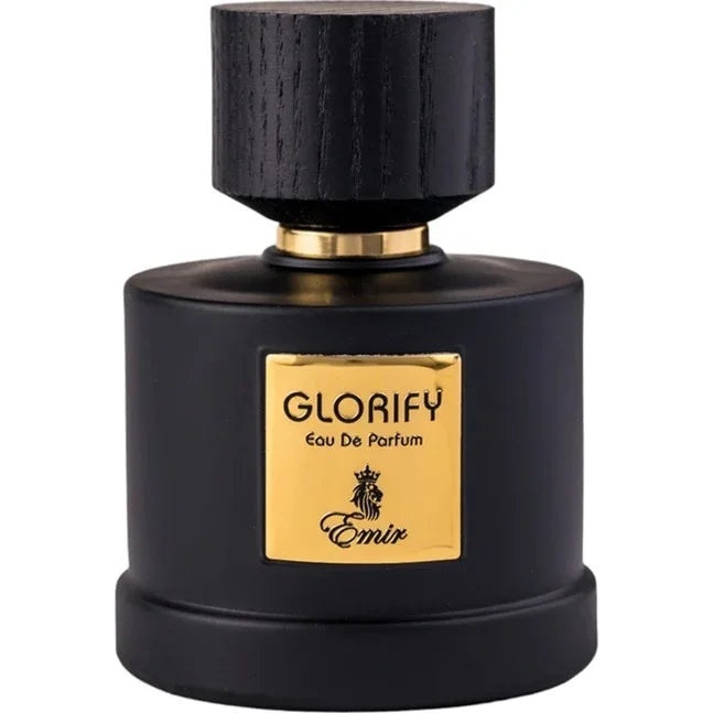 Flacon original Emir Glorify 100 ml negru mat cu etichetă aurie și capac negru texturat
