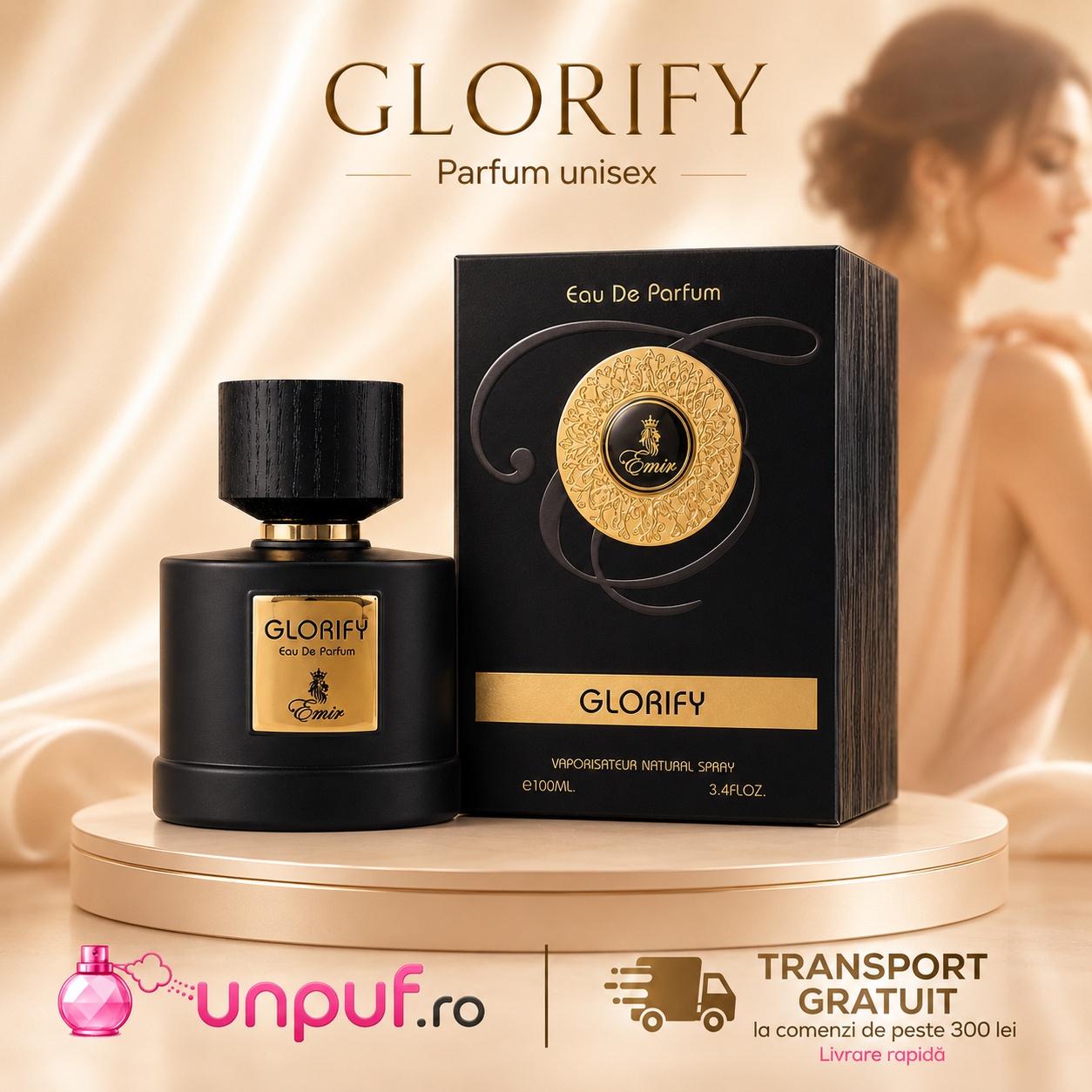 Emir Glorify parfum unisex cu flacon negru, cutie premium și aromă luminoasă elegantă