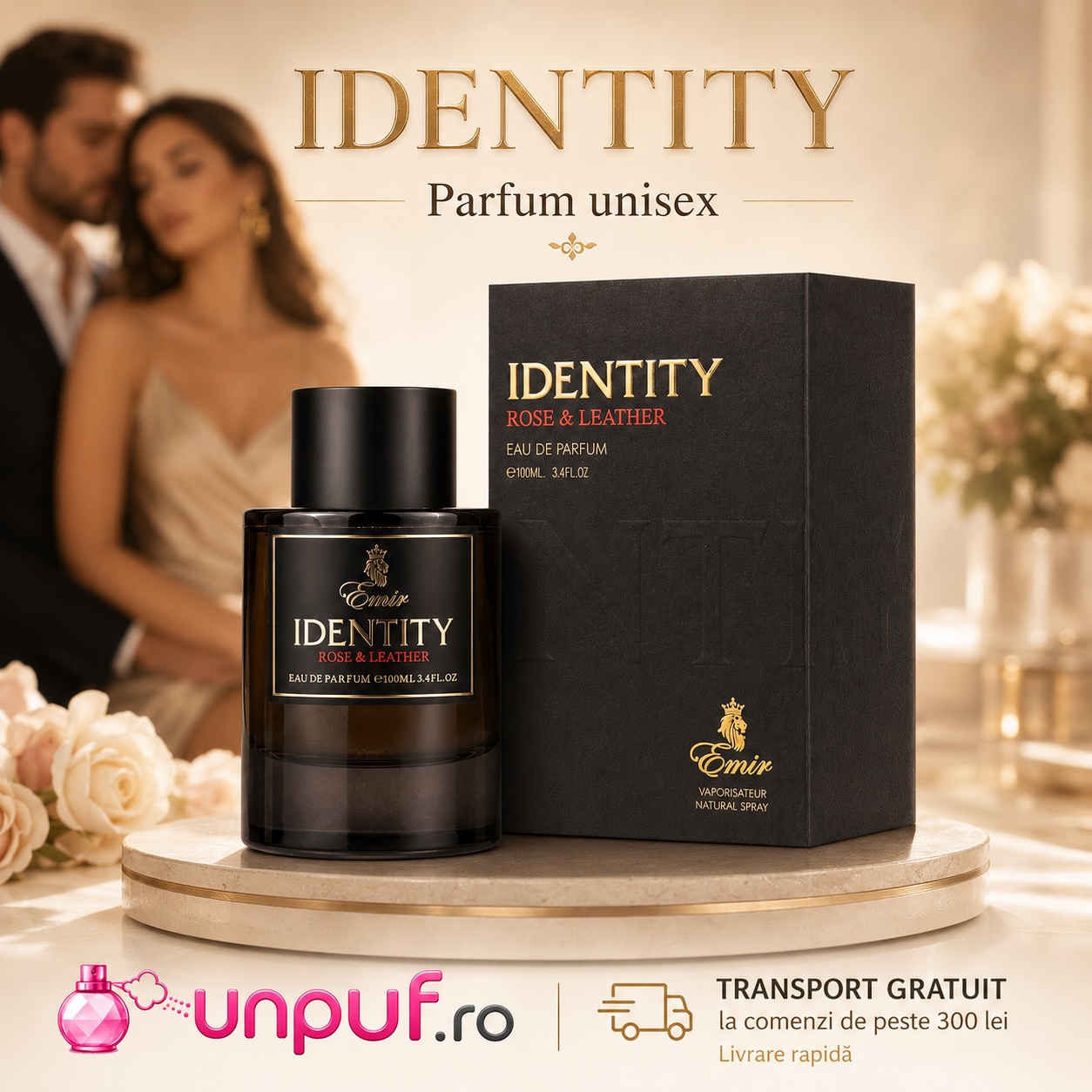 Identity Rose & Leather Emir parfum unisex cu flacon negru fumuriu, cutie neagră premium și atmosferă elegantă