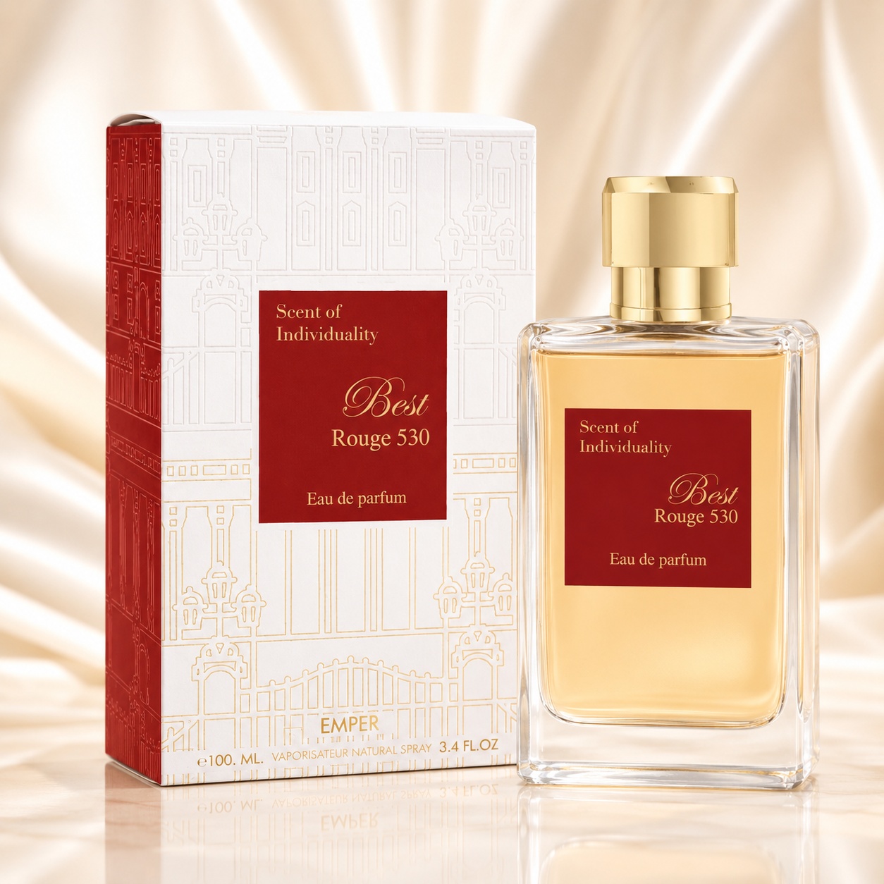 Parfum Arăbesc Emper Best Rouge 530 100 ml cu sticlă elegantă, capac auriu și cutie alb roșu premium