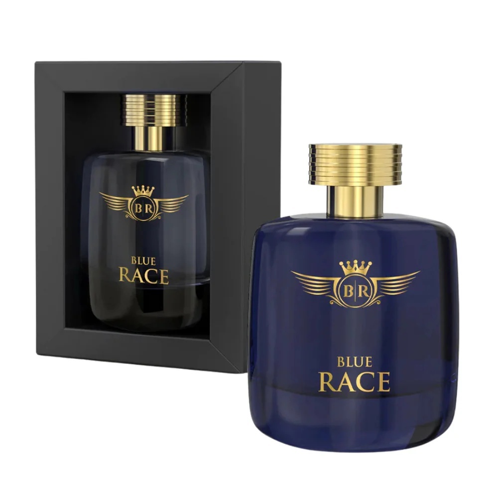 Produs real Emper Blue Race 100 ml cu sticlă albastră, capac auriu și cutie neagră premium