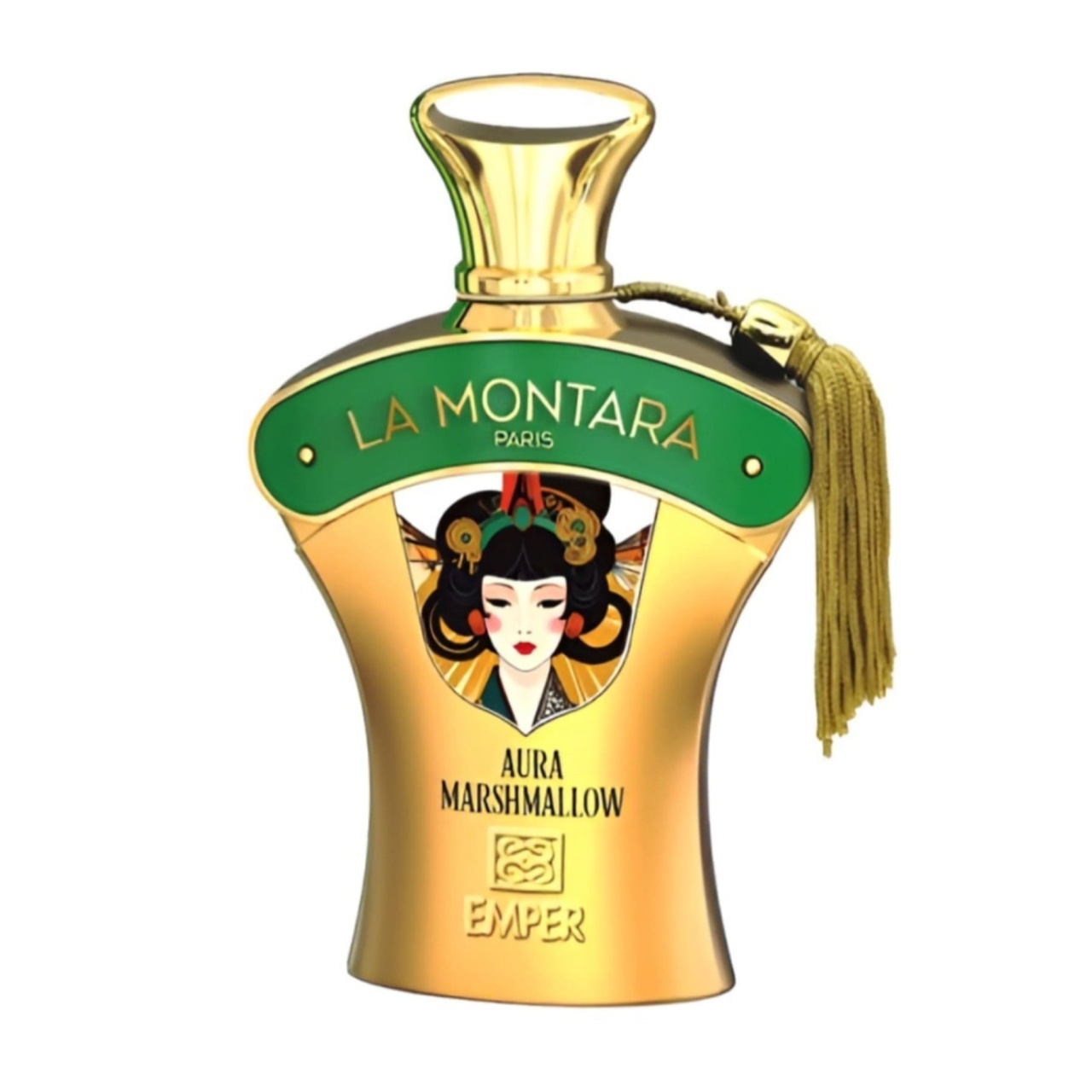 Sticlă reală Aura Marshmallow Emper 100 ml aurie cu etichetă verde și ciucure decorativ
