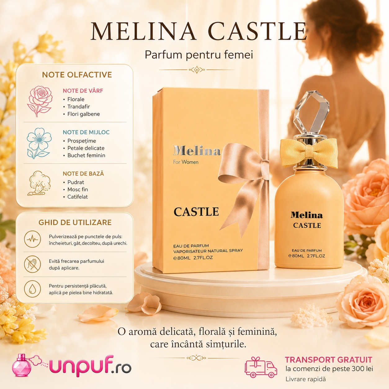 Note olfactive și ghid de utilizare Emper Melina Castle cu flori, trandafir, flori galbene, mosc fin și efect catifelat