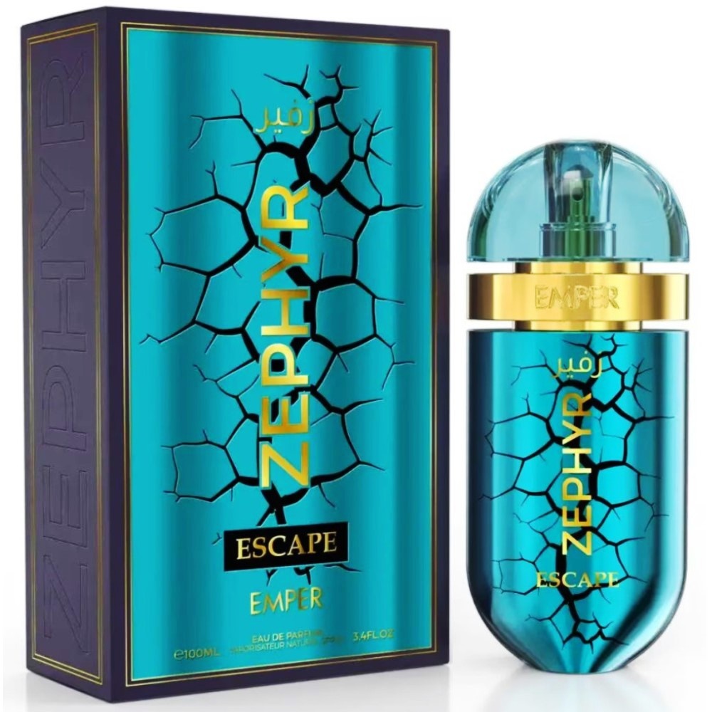 Produs real Emper Zephyr Escape 100 ml cu sticlă turcoaz, capac transparent albastru și cutie premium