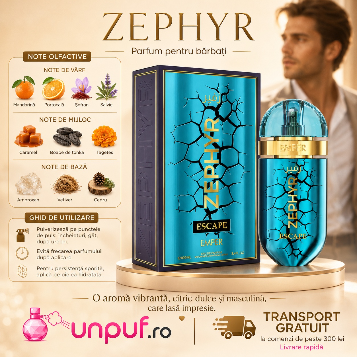 Note olfactive și ghid de utilizare Emper Zephyr Escape cu mandarină, portocală, șofran, salvie, caramel, boabe de tonka, tagetes, ambroxan, vetiver și cedru