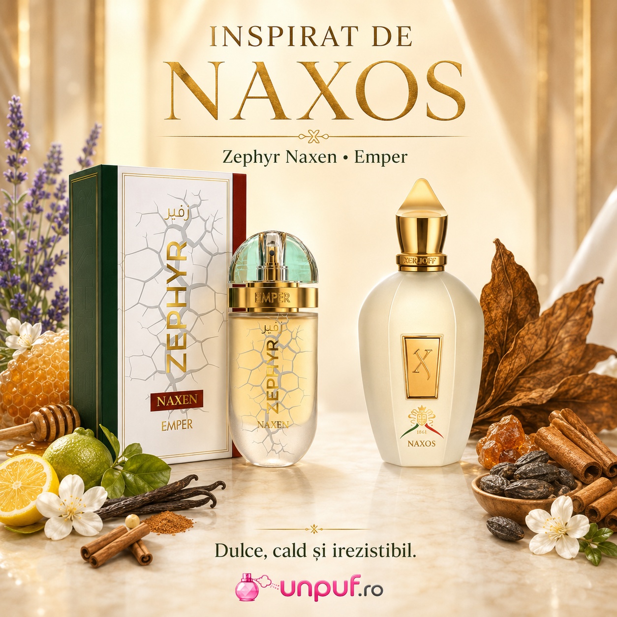 Parfum Emper Zephyr Naxen inspirat de Naxos, cu bergamotă, lăm&acirc;ie, miere, tutun, scorțișoară, tonka și vanilie