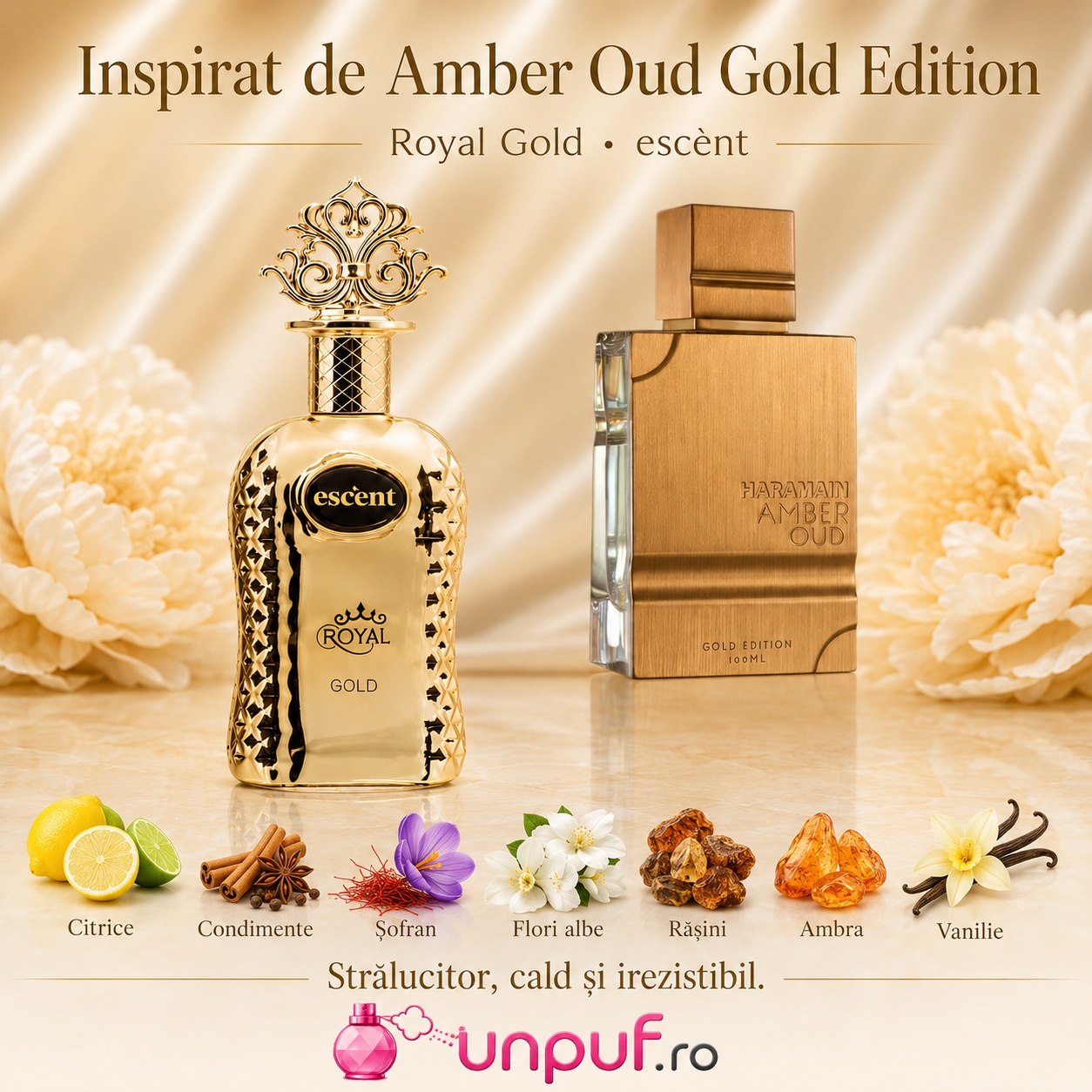 Escent Royal Gold inspirat de Amber Oud Gold Edition parfum strălucitor cald și irezistibil