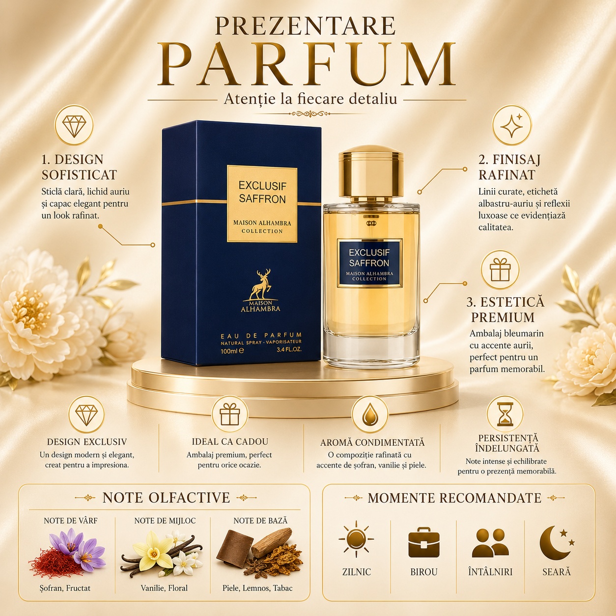 Prezentare parfum Exclusif Saffron Maison Alhambra cu detalii premium, note olfactive și momente recomandate