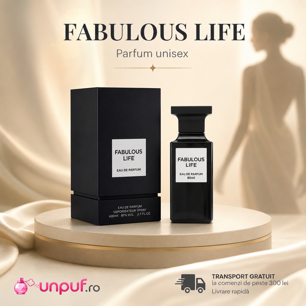 Fabulous Life parfum unisex cu flacon negru, cutie neagră premium, aromă intensă și transport gratuit la comenzi eligibile