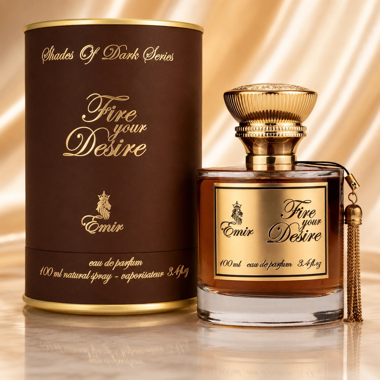 Parfum Arăbesc Fire Your Desire Emir 100 ml cu flacon ambrat, etichetă aurie, capac auriu elegant și cutie maro premium