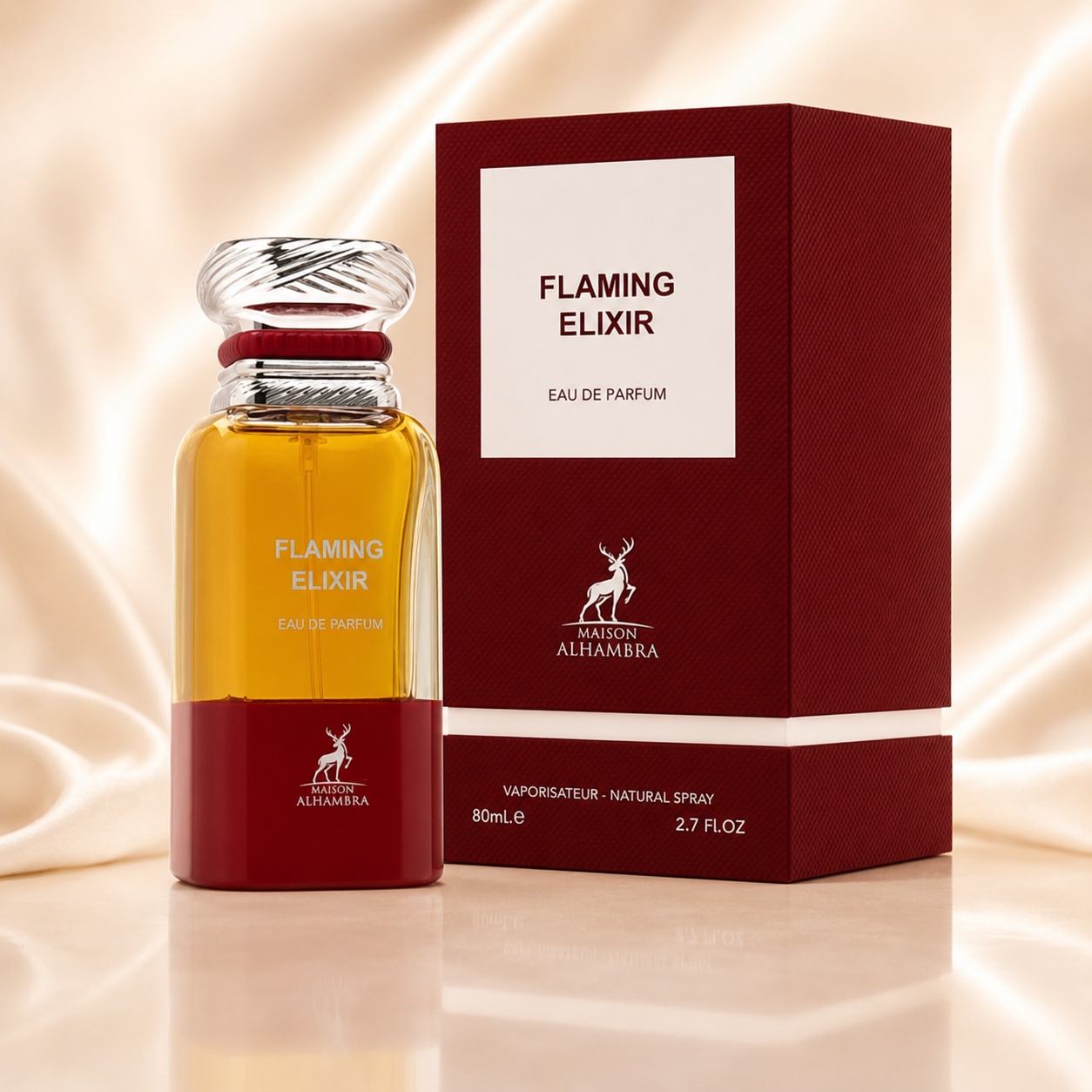 Parfum Arăbesc Flaming Elixir Maison Alhambra 80 ml cu sticlă roșu burgund și cutie premium