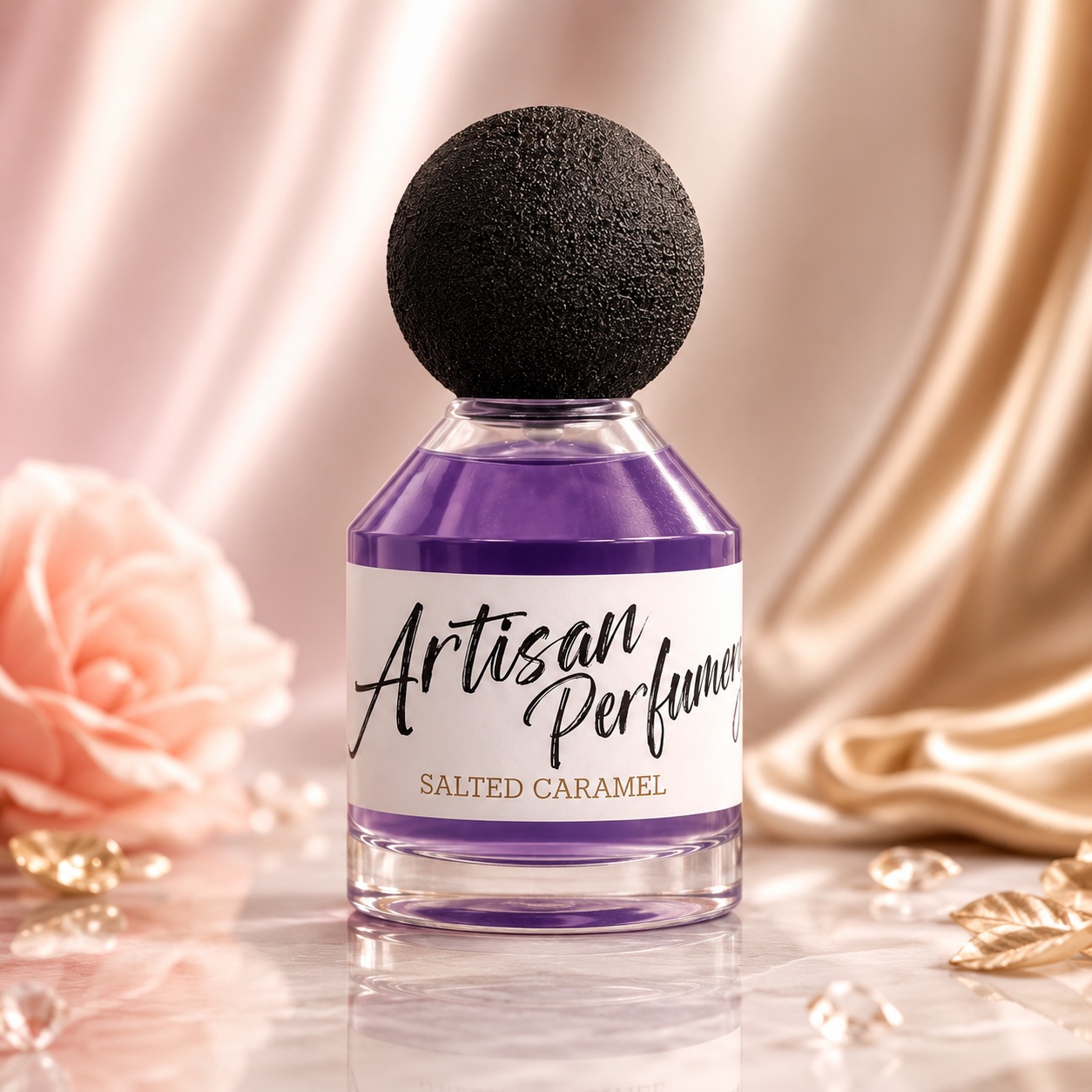 Flacon Artisan Perfumery Salted Caramel Fragrance World 80 ml parfum unisex cu lichid mov violet, etichetă albă și capac negru texturat