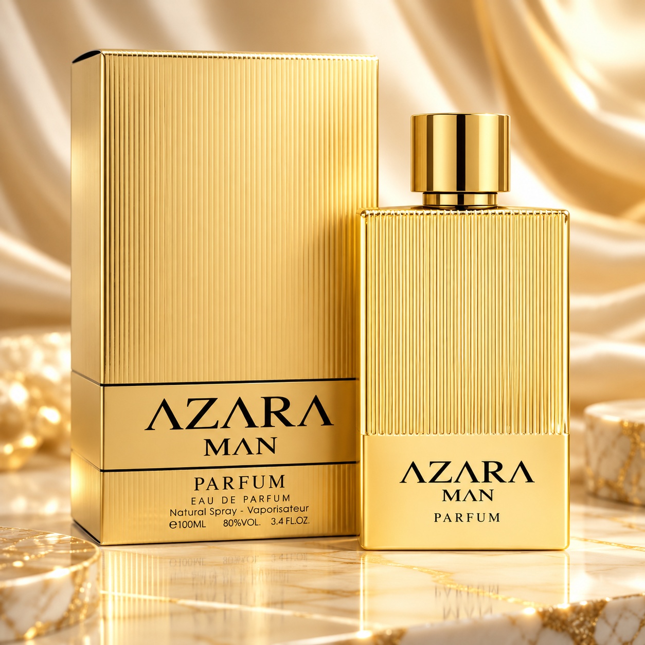 Fragrance World Azara Man Eau de Parfum 100 ml parfum bărbătesc cu flacon auriu și cutie premium