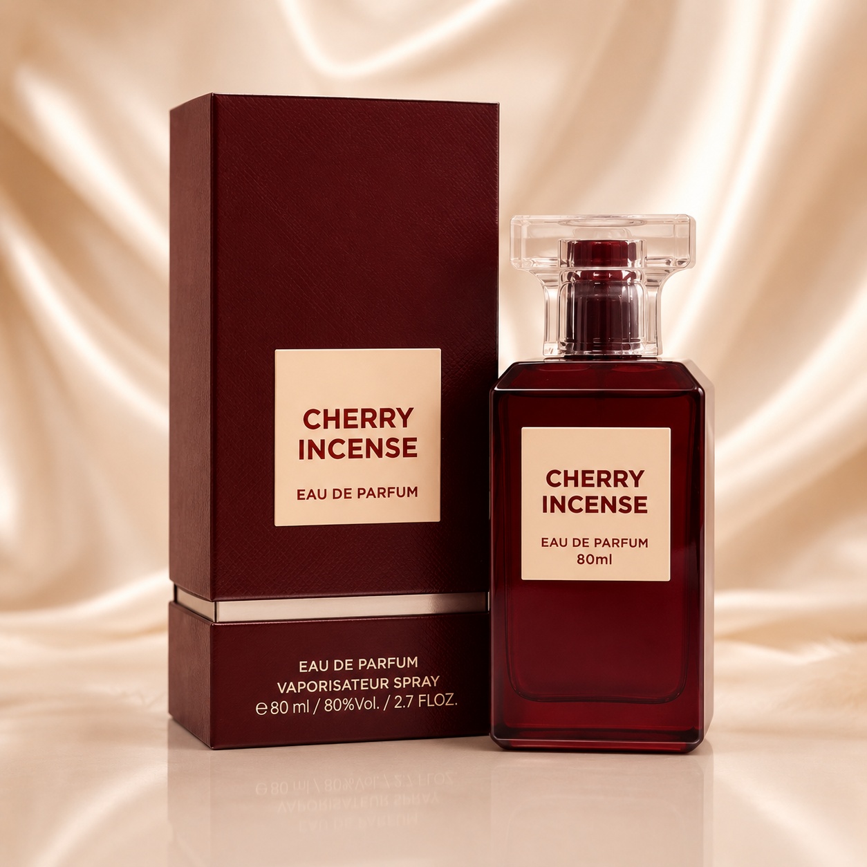 Parfum Fragrance World Cherry Incense 80ml, sticlă vișinie și cutie elegantă cu detalii crem și aurii