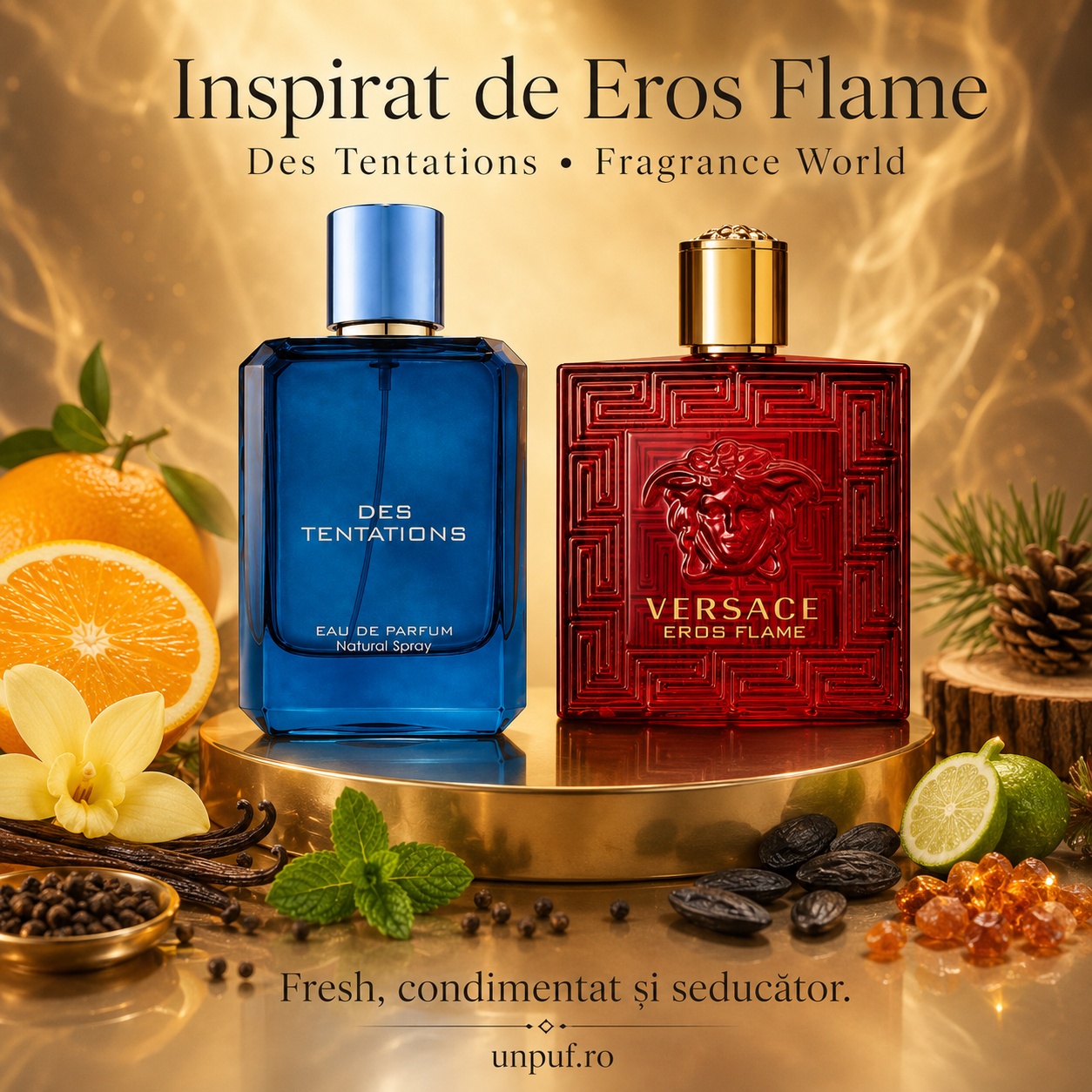 Des Tentations Fragrance World inspirat de Eros Flame parfum fresh condimentat și seducător